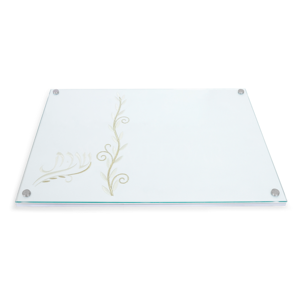 Acrylic challah board Style 1348 with gold-tone leafy scrollwork and Hebrew Shabbos lettering