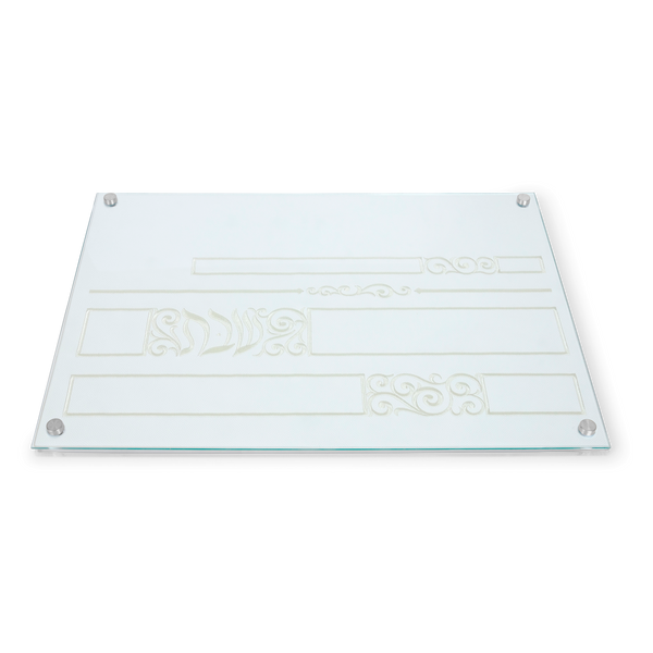 Acrylic challah board Style 1366 with Hebrew Shabbos lettering, gold-tone horizontal bands and scrollwork