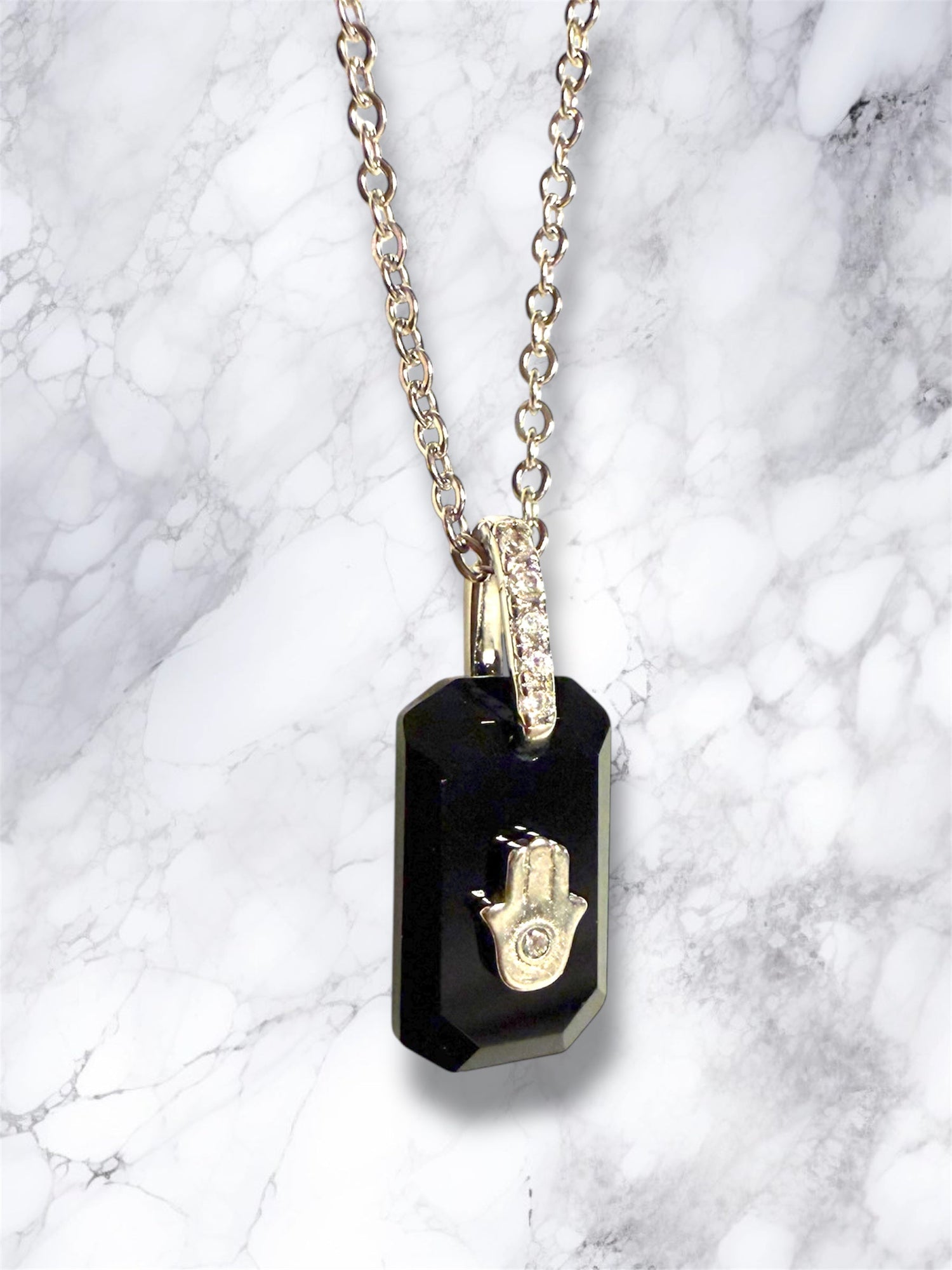 Black onyx hamsa necklace — sterling silver pendant with cubic zirconia | Judaica Square Lakewood (view 3)