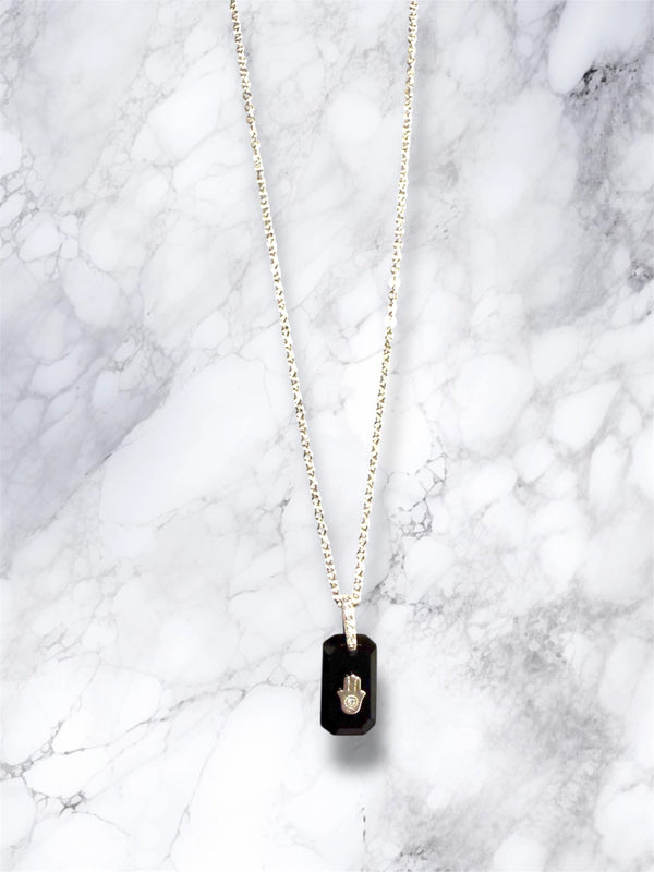 Black onyx hamsa necklace — sterling silver pendant with cubic zirconia | Judaica Square Lakewood