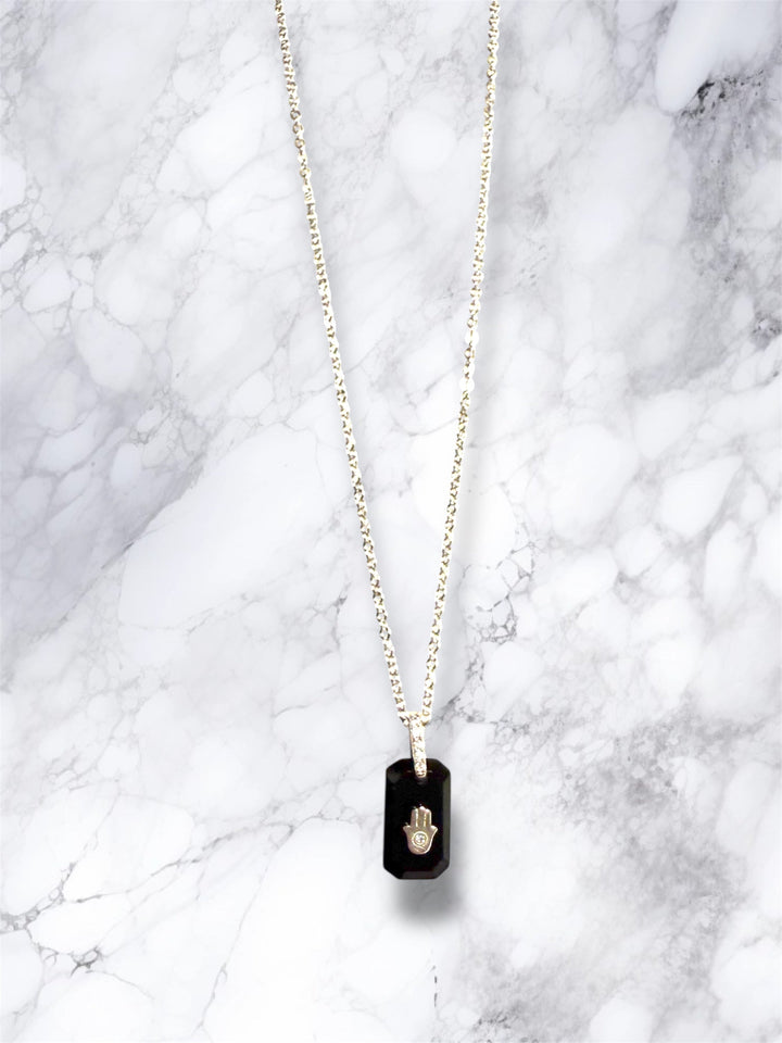 Black Onyx & CZ Hamsa Necklace — Sterling Silver, 16 Inch Chain