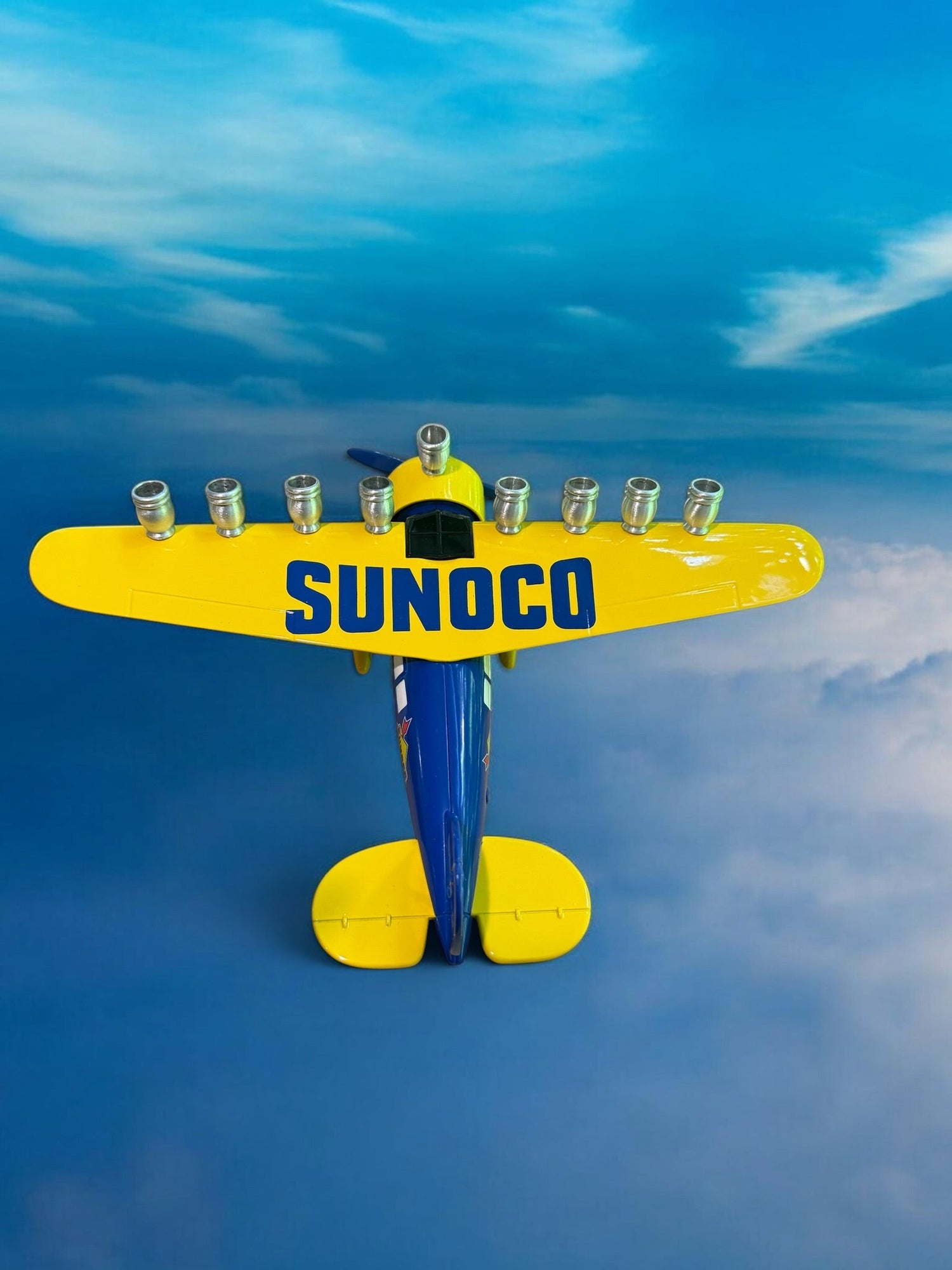 Vintage Airplane Menorah — die-cast metal plane bank fitted with aluminum cups | Judaica Square Lakewood (view 18)
