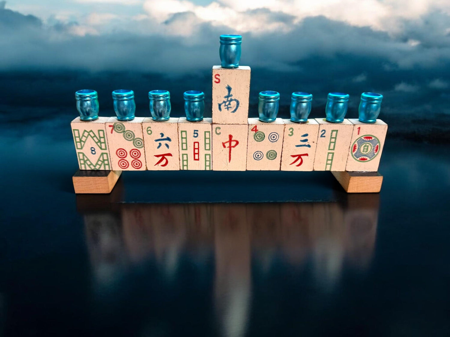 Mah Jongg menorah — repurposed game tiles with numbered aluminum candle cups | Judaica Square Lakewood (view 7)