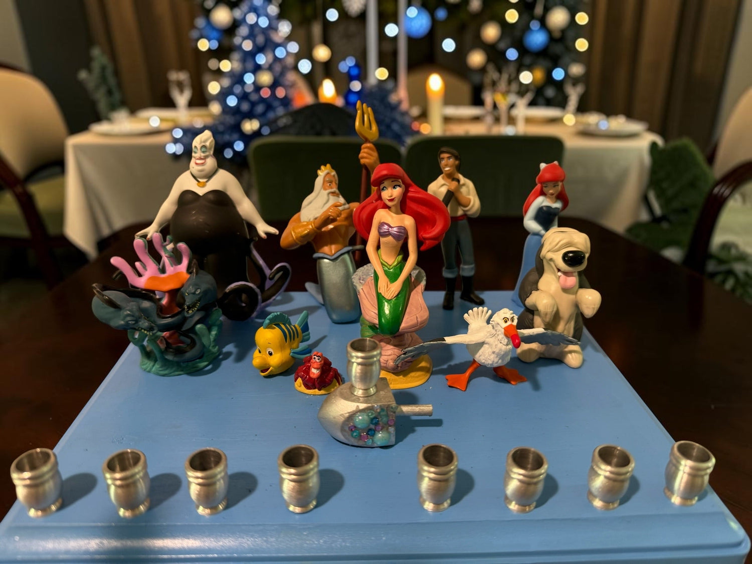 Little Mermaid Menorah — mermaid figures and rhinestones on a painted wood plaque | Judaica Square Lakewood (view 6)