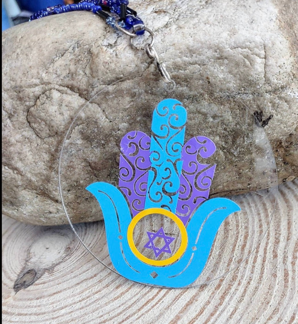 Hand painted wooden hamsa ornament with glitter evil eye and beads | Judaica Square Lakewood (view 11)