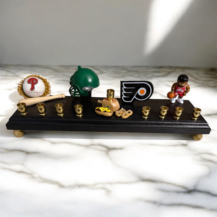 Philly sports menorah — Eagles, Phillies and Flyers charms with clay cheesesteak | Judaica Square Lakewood