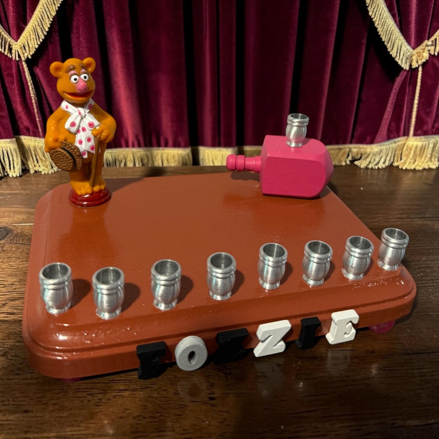 Fozzie Bear menorah — Muppets bear chess piece on painted wood with aluminum cups | Judaica Square Lakewood (view 6)