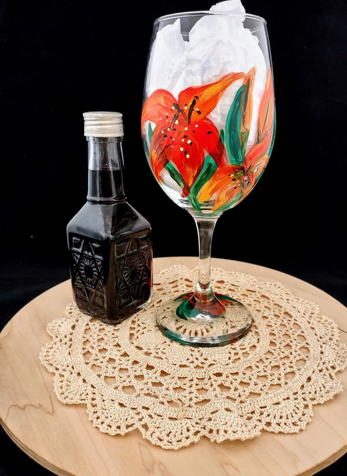 Lilies Wine Glass — red lilies and checkerboard stem on painted glass | Judaica Square Lakewood (view 6)