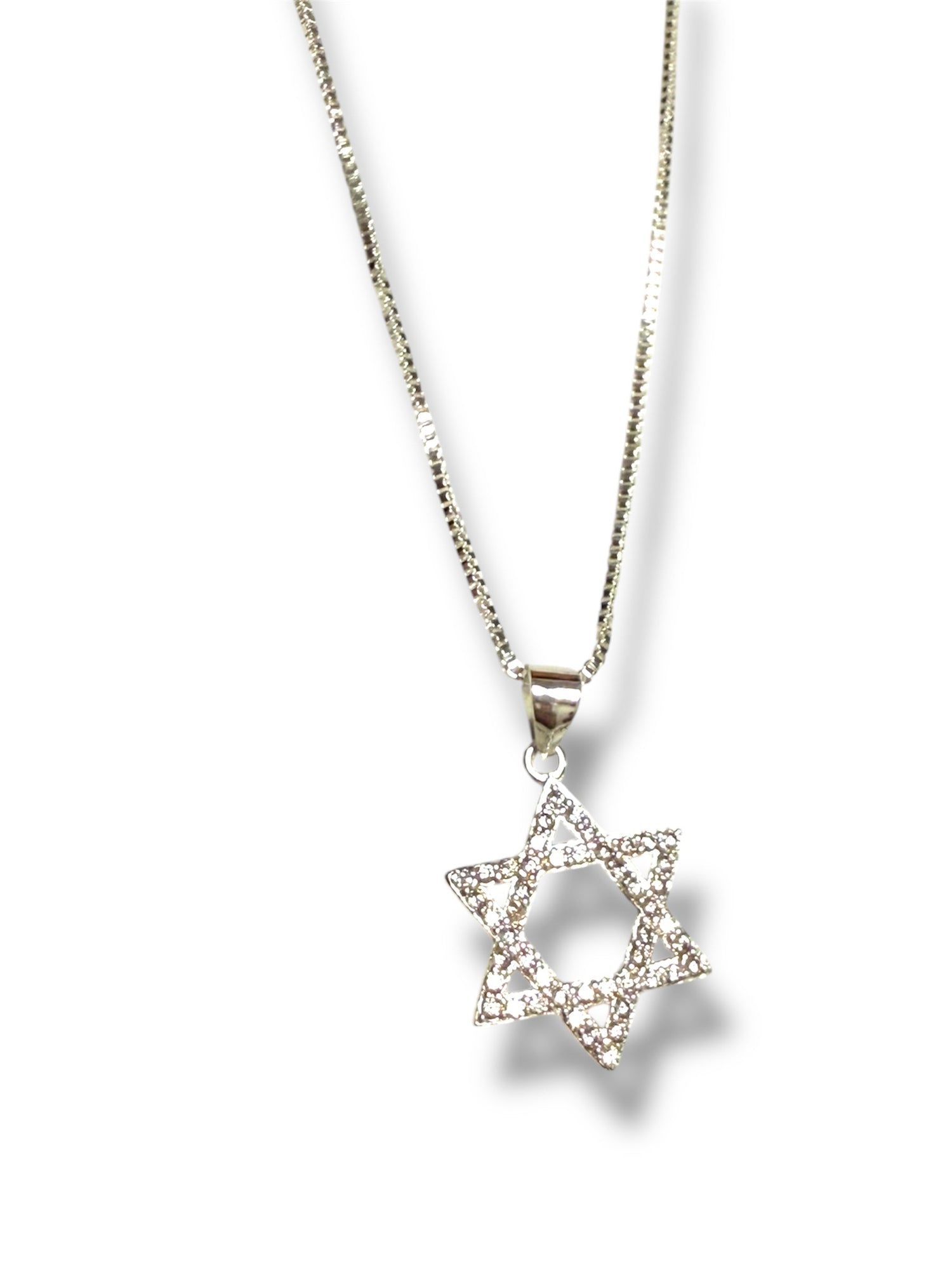 Sparkling cubic zirconia sterling Magen David pendant on box chain | Judaica Square Lakewood (view 10)