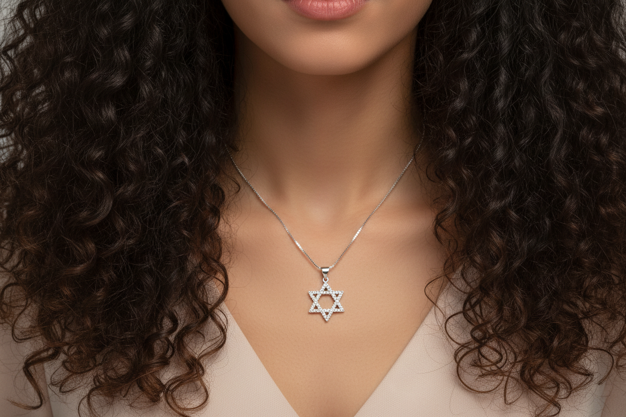 Sparkling cubic zirconia sterling Magen David pendant on box chain | Judaica Square Lakewood (view 3)