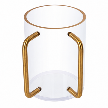 Clear acrylic washing cup with two gold-tone handles and a matching gold-tone rim