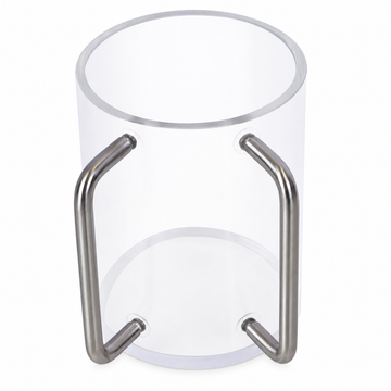 Clear acrylic washing cup with two silver-tone handles and a matching silver-tone rim