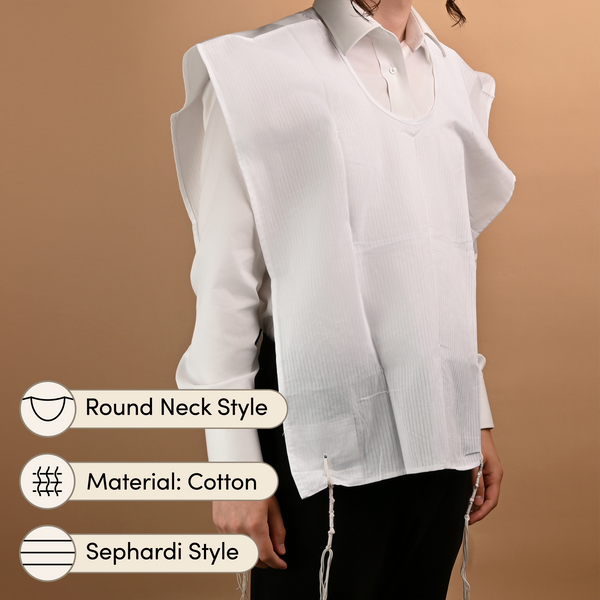 Cotton Sephardi Style Tzitzis, Round Neck, 1 Hole - Tzitzis | Judaica Square Lakewood
