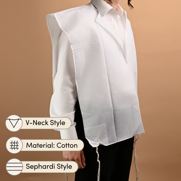 Cotton Sephardi Style Tzitzis, V - Neck, 1 Hole - Tzitzis | Judaica Square Lakewood