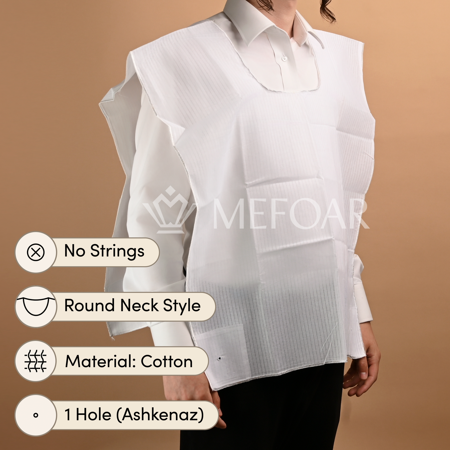 Cotton Sephardi Style Tzitzis, Round Neck, 1 Hole - Tzitzis view 2 | Judaica Square Lakewood