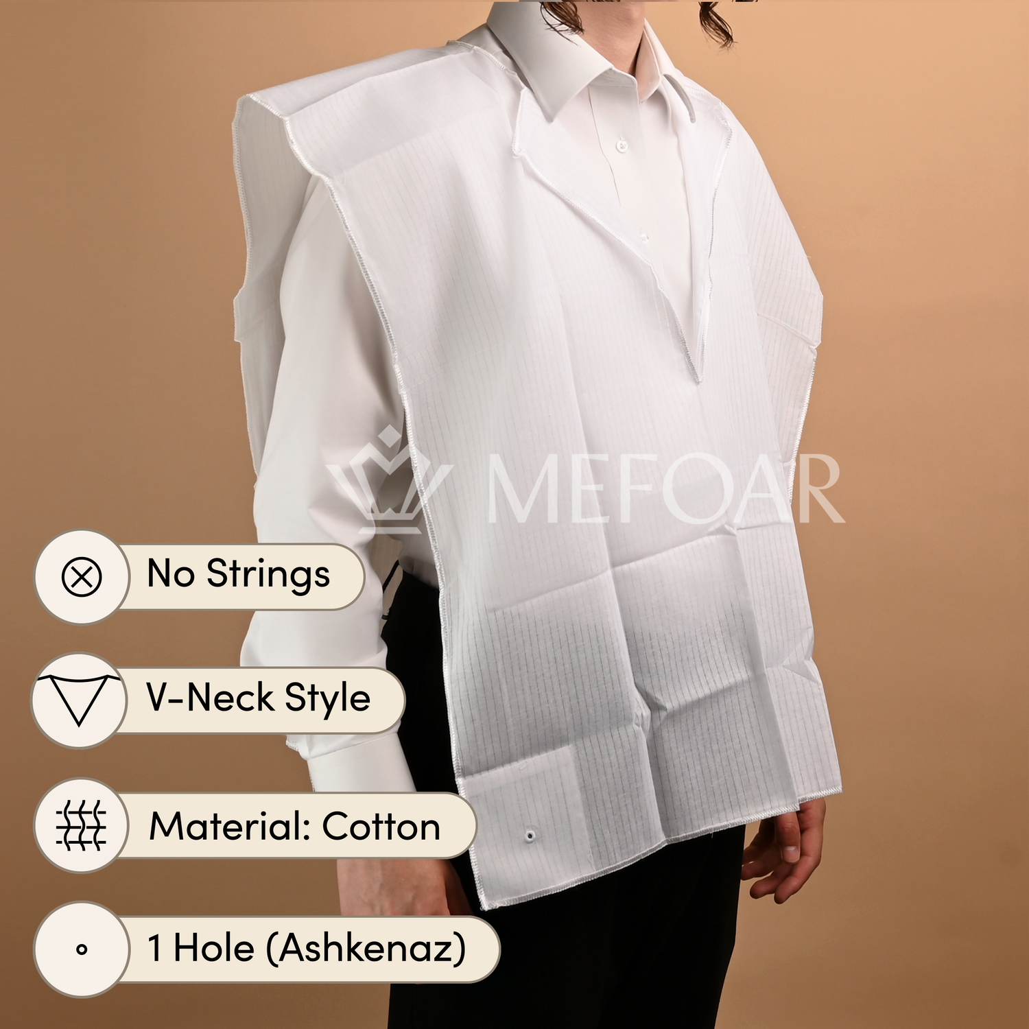 Cotton Sephardi Style Tzitzis, V - Neck, 1 Hole - Tzitzis view 2 | Judaica Square Lakewood