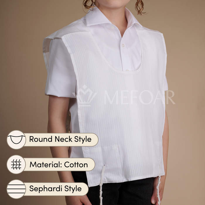 KIDS cotton Sephardi Style Tzitzis, Round Neck, 1 Hole, Meyuchad Strings - Judaica Accessories