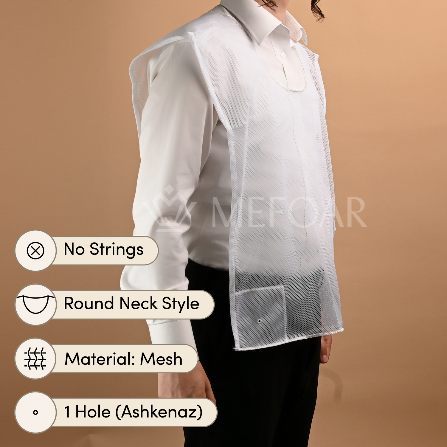Mesh Tzitzis, Round Neck, 1 Hole - Tzitzis view 2 | Judaica Square Lakewood