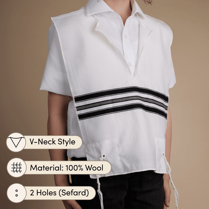 KIDS Wool Tzitzis, V Neck, 2 Hole, Avodas Yad Thin Strings - Judaica Accessories