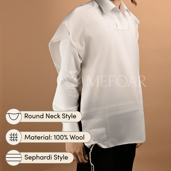 Wool Sephardi Style Tzitzis, Round Neck, 1 Hole - Tzitzis | Judaica Square Lakewood