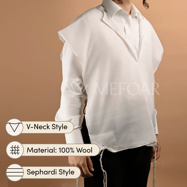 Wool Sephardi Style Tzitzis, V Neck, 1 Hole - Tzitzis | Judaica Square Lakewood