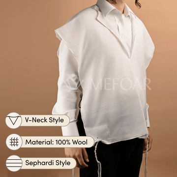 Wool Sephardi Style Tzitzis, V Neck, 1 Hole - Tzitzis