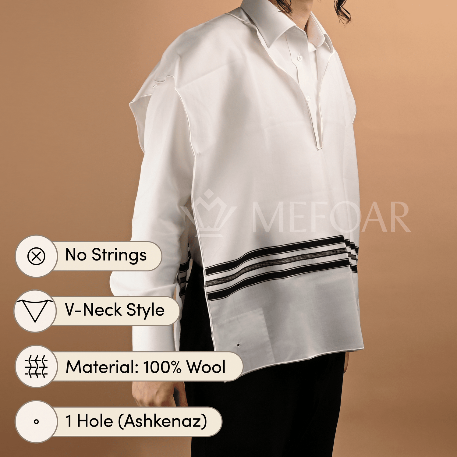 Wool Tzitzis, V Neck, 1 Hole - Tzitzis view 2 | Judaica Square Lakewood