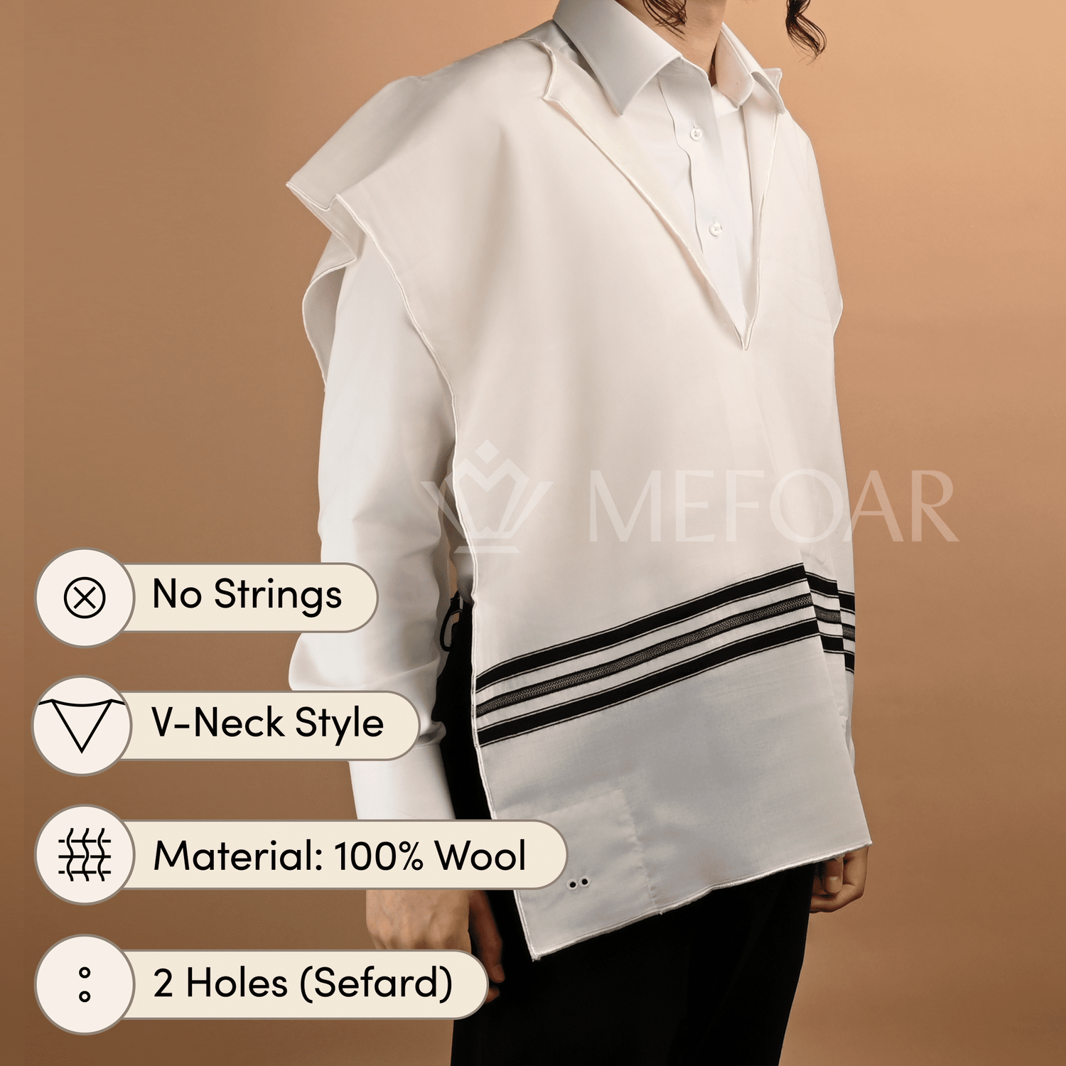 Wool Tzitzis, V Neck, 2 Hole - Tzitzis view 2 | Judaica Square Lakewood
