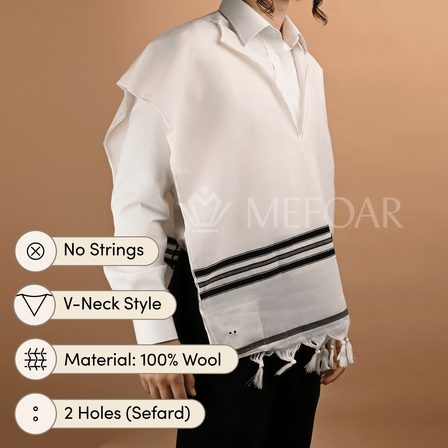 Wool Tzitzis with Fringes, V Neck, 2 Hole - Tzitzis view 2 | Judaica Square Lakewood