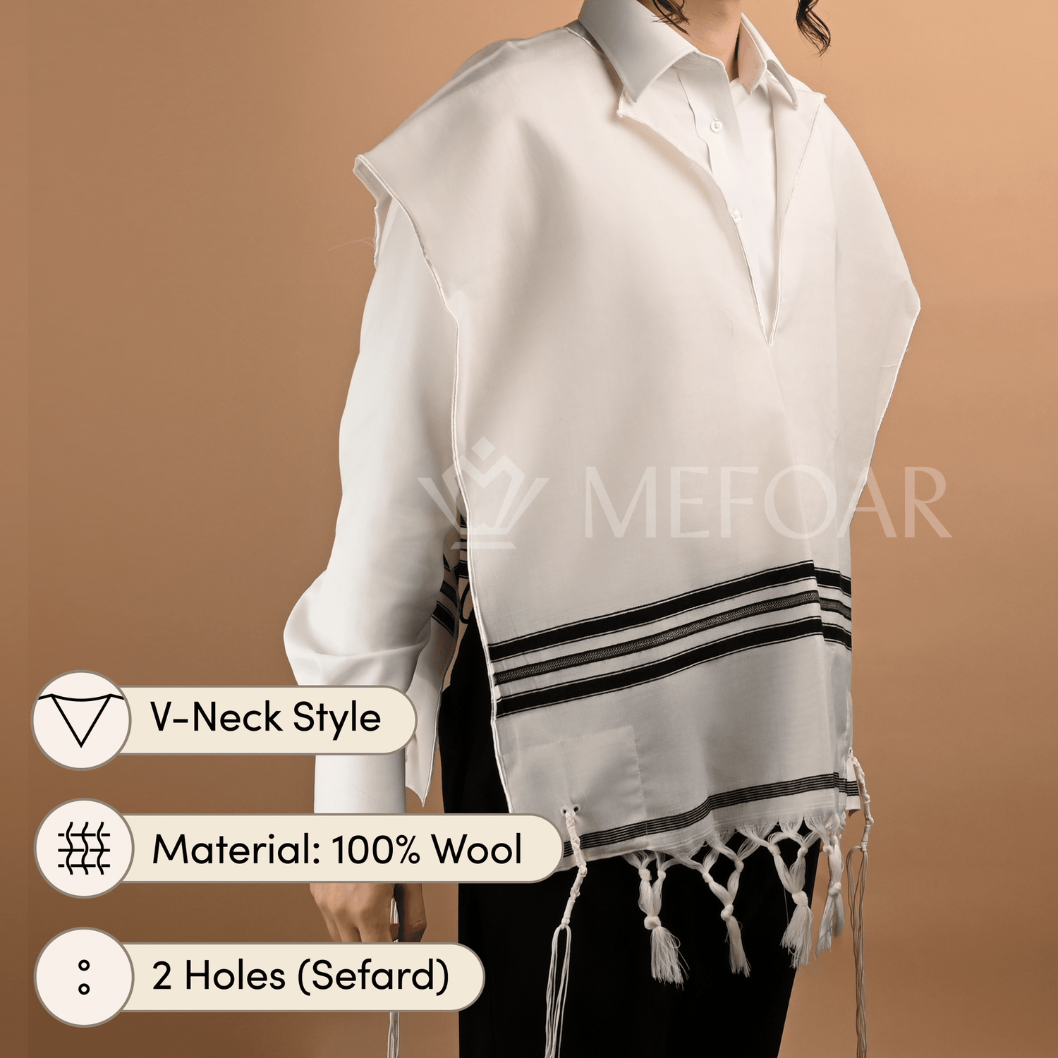 Wool Tzitzis with Fringes, V Neck, 2 Hole - Tzitzis view 3 | Judaica Square Lakewood