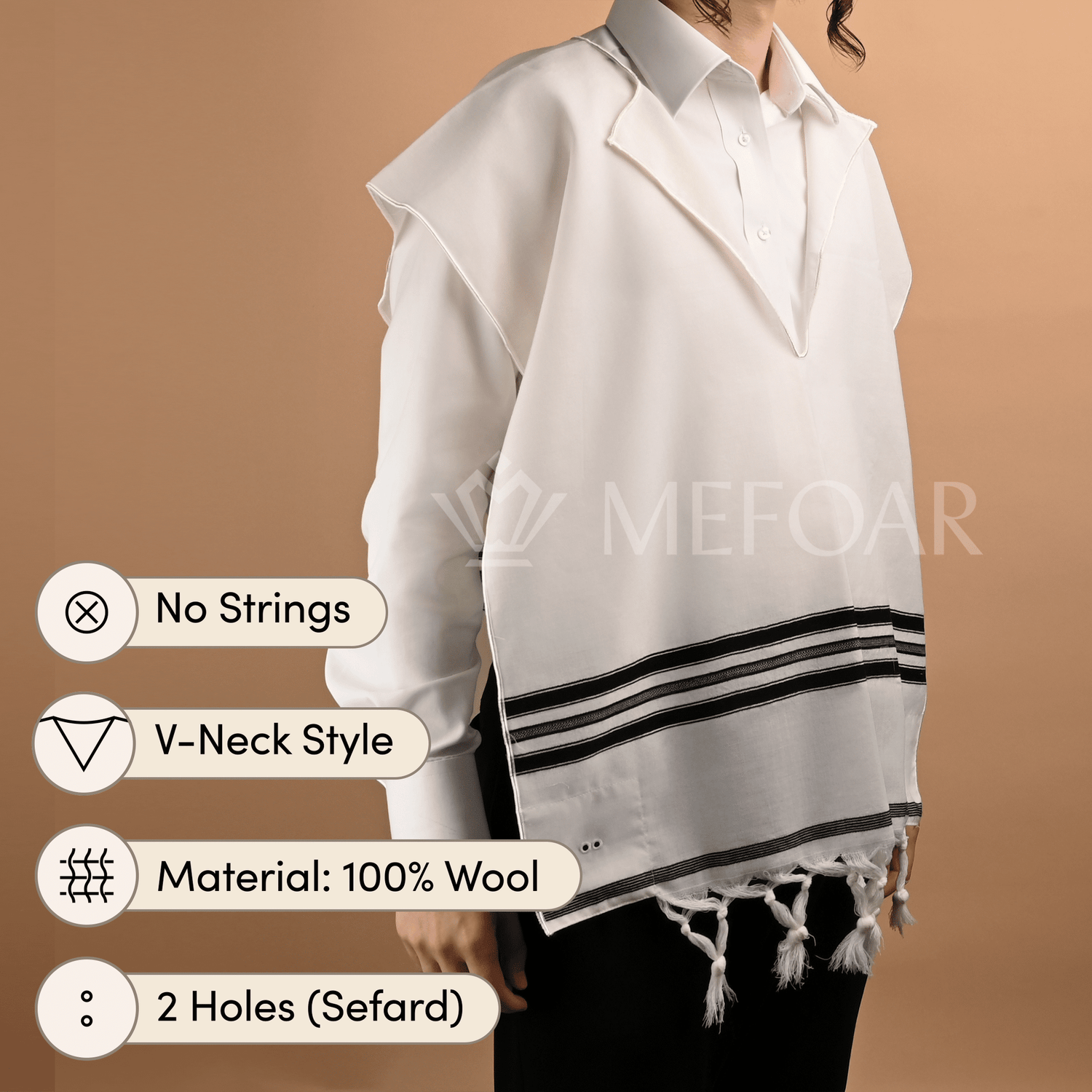 Wool Tzitzis with Fringes, V Neck, 2 Hole - Tzitzis view 4 | Judaica Square Lakewood