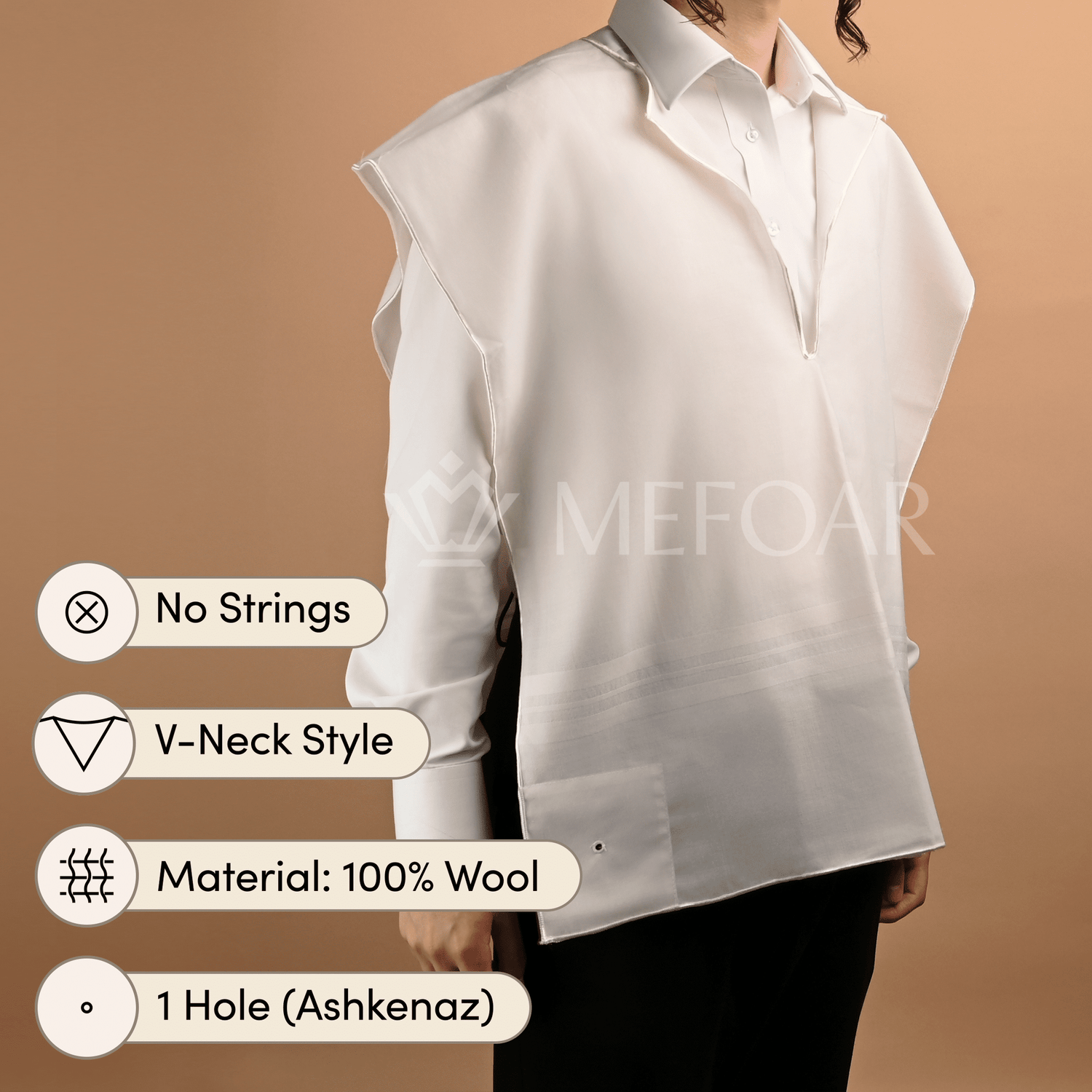 Wool White on White Tzitzis, V Neck, 1 Hole - Tzitzis view 2 | Judaica Square Lakewood