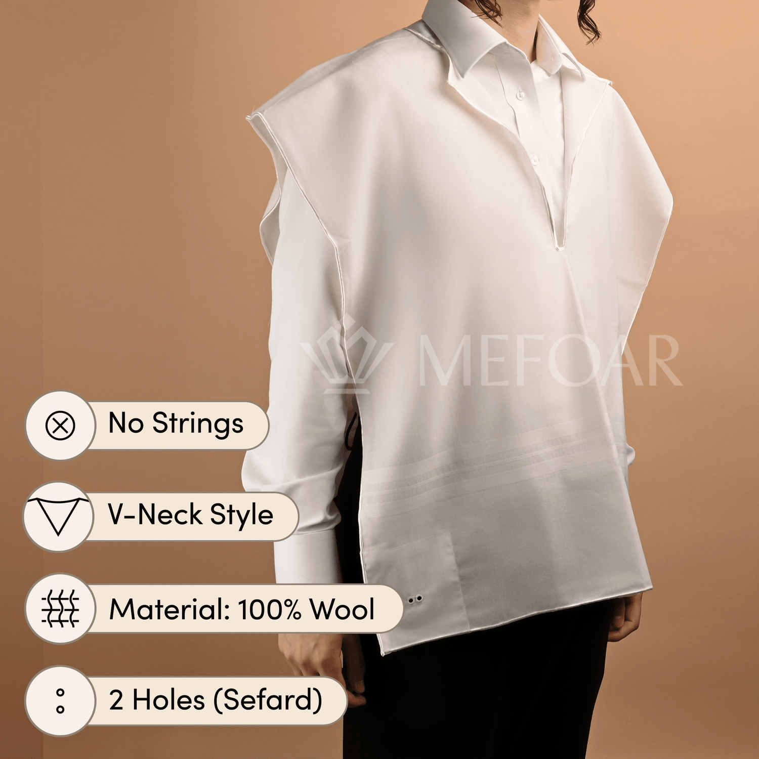 Wool White on White Tzitzis, V Neck, 2 Hole - Tzitzis view 3 | Judaica Square Lakewood