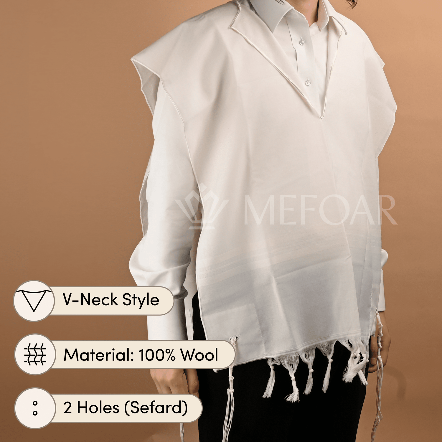 Wool White on White Tzitzis, V Neck, 2 Hole - Tzitzis view 2 | Judaica Square Lakewood