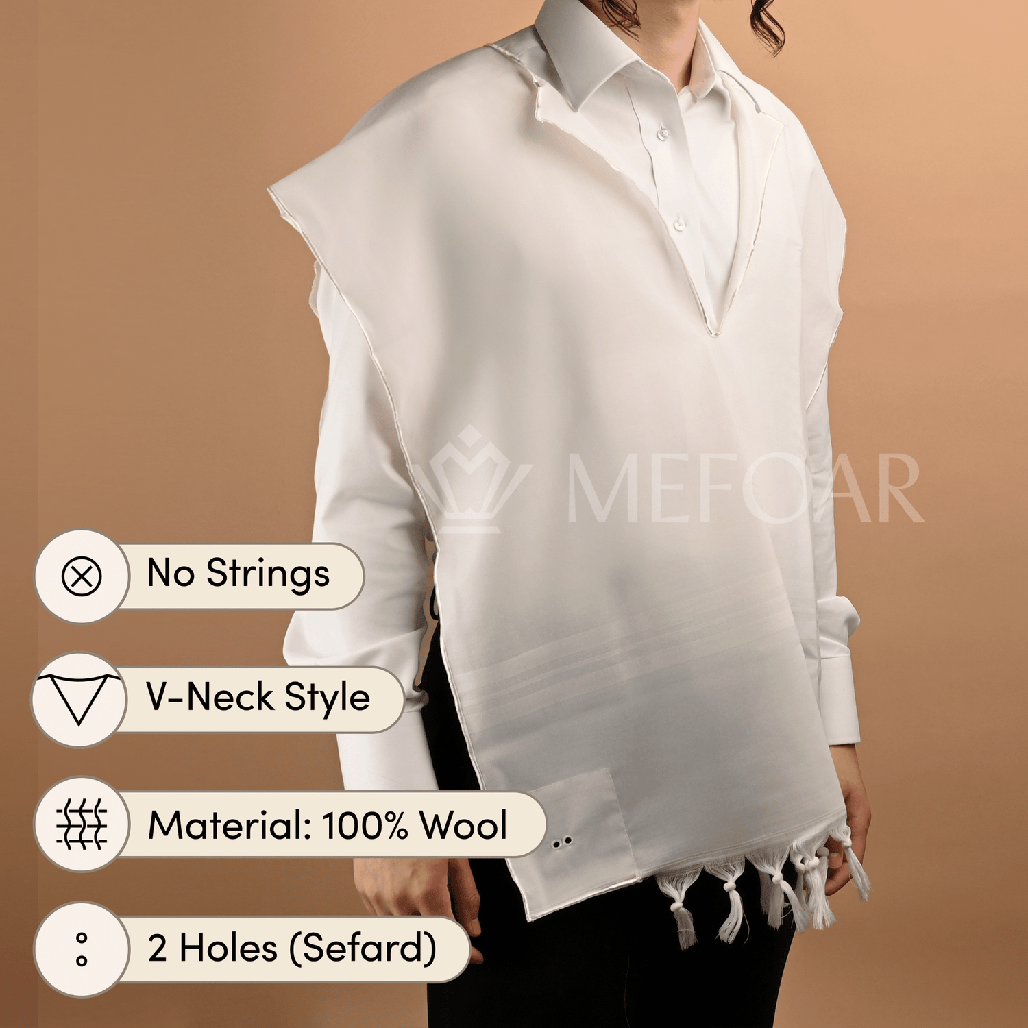 Wool White on White Tzitzis, V Neck, 2 Hole - Tzitzis view 4 | Judaica Square Lakewood