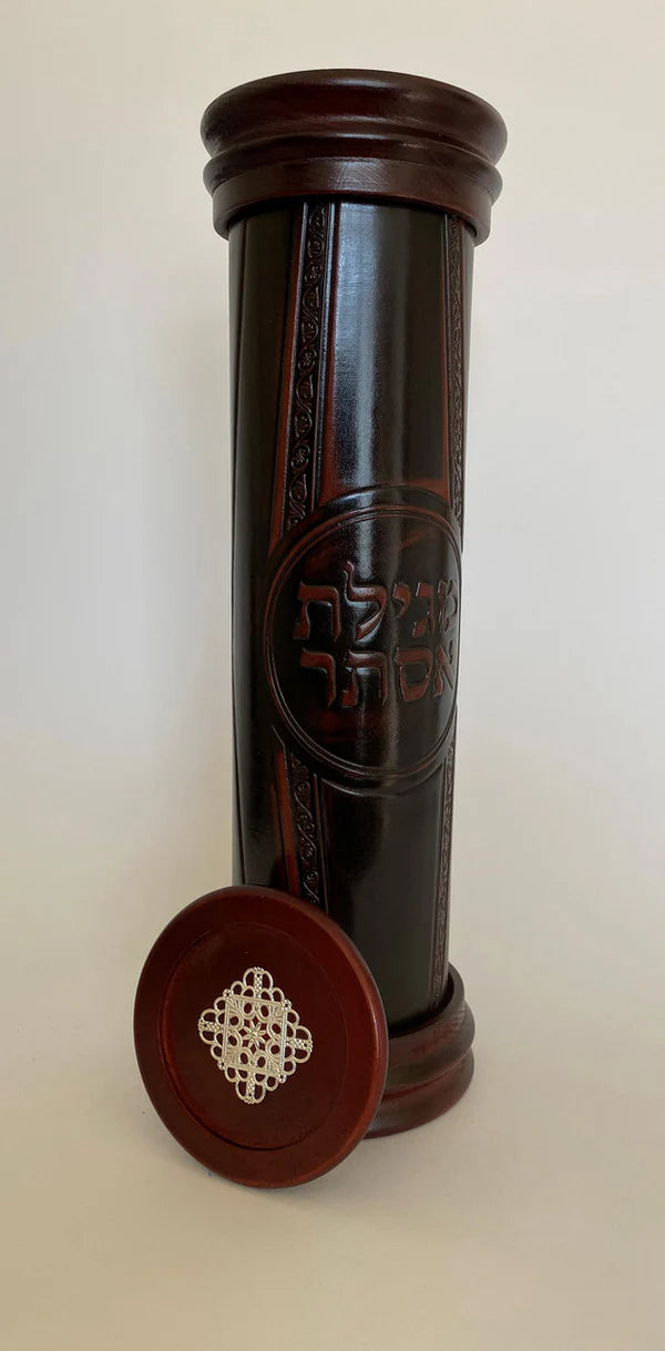 Antique Leather & Wood Megillah Holder 16"-Design (MG-ALR16B) — Hebrew Seforim from Alef To Tav