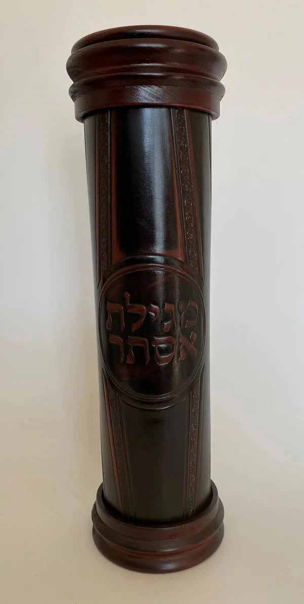 Antique Leather & Wood Megillah Holder 16"-Design (MG-ALR16B) — Hebrew Seforim from Alef To Tav