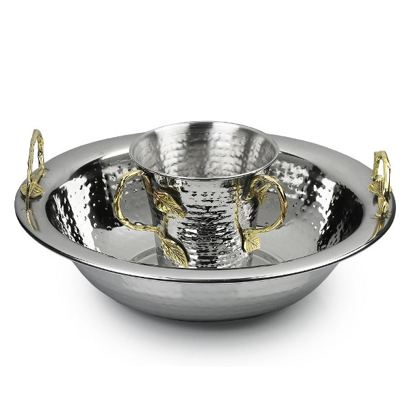 Washing Cup and Bowl Hammered Brass Leaf Handle Set — Netilas Yadayim Cup | Judaica Square Lakewood