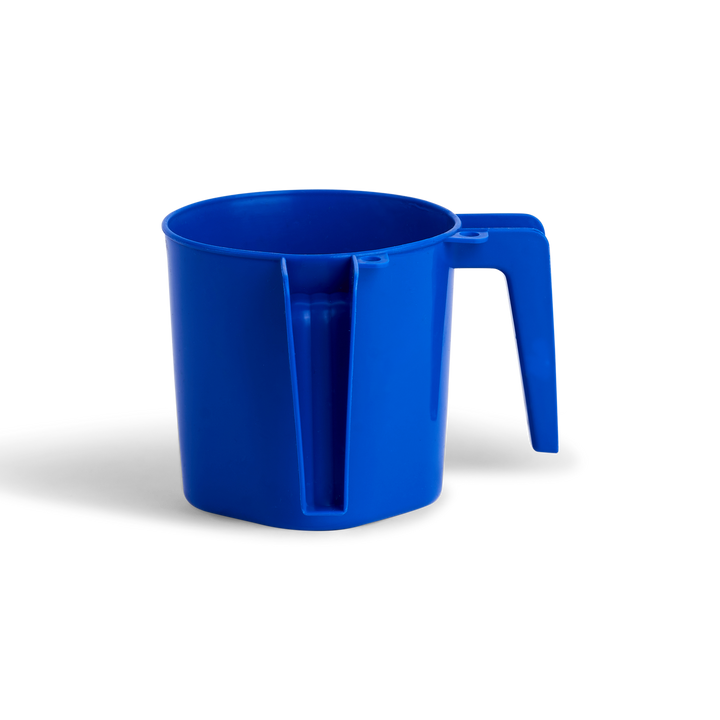 Blue two-handled plastic mini washing cup, side view
