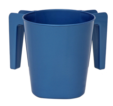Metallic blue plastic washing cup, front view showing both handles