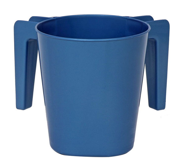 Metallic blue plastic washing cup, front view showing both handles