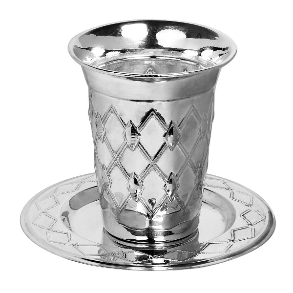Silver Plated Kiddush Cup Set Cup 3" Plate 5" Diamond Design (5 Oz 150 Ml) (A&M Judaica)