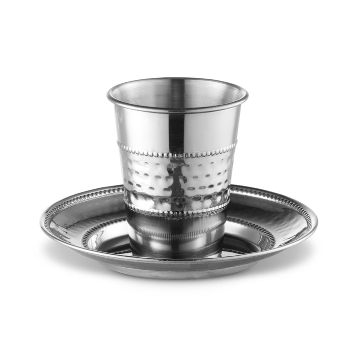 Stainless steel Kiddush cup with hammered band and beaded dot rows on a matching beaded-rim plate
