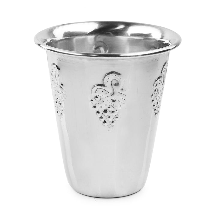 Polished stainless steel Kiddush cup with raised grape clusters around the sides and flared rim