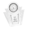 Acrylic table clock Style 472 with silver-tone scrollwork, Roman numeral dial and Hebrew Vayehi Bachatzi Halayla lettering