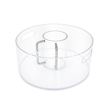 Clear acrylic wash cup with two silver-colored handles inside a matching round bowl with cutout handles