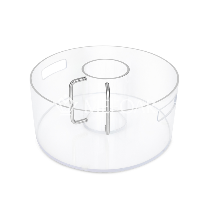 Clear acrylic wash cup with two silver-colored handles inside a matching round bowl with cutout handles