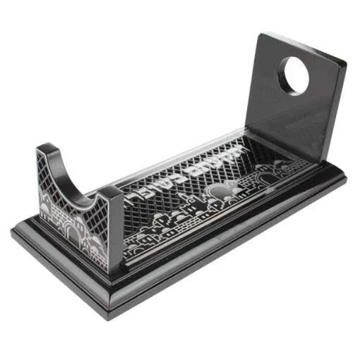Shofar Stand: Wood With Jerusalem Print - Brown