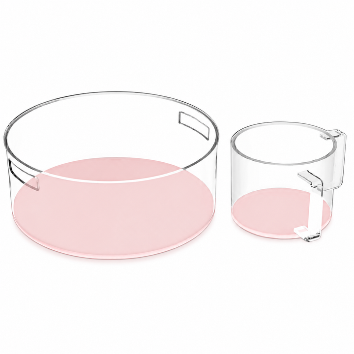 Children's clear acrylic wash cup and bowl with pink bases, shown side by side