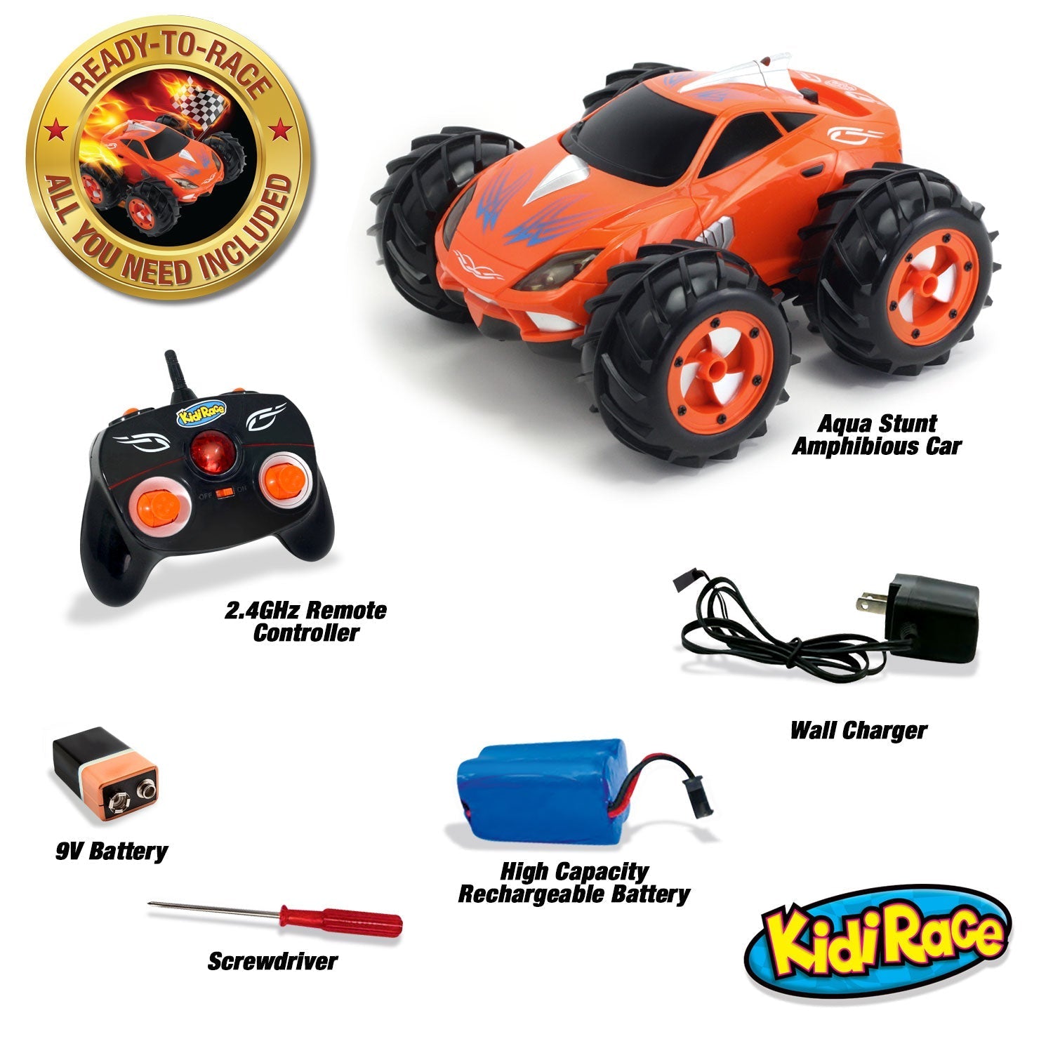 KidiRace Amphibious RC Car, Orange - 360° Spin Aqua Stunt Car — product view, view 3 | Judaica Square Lakewood